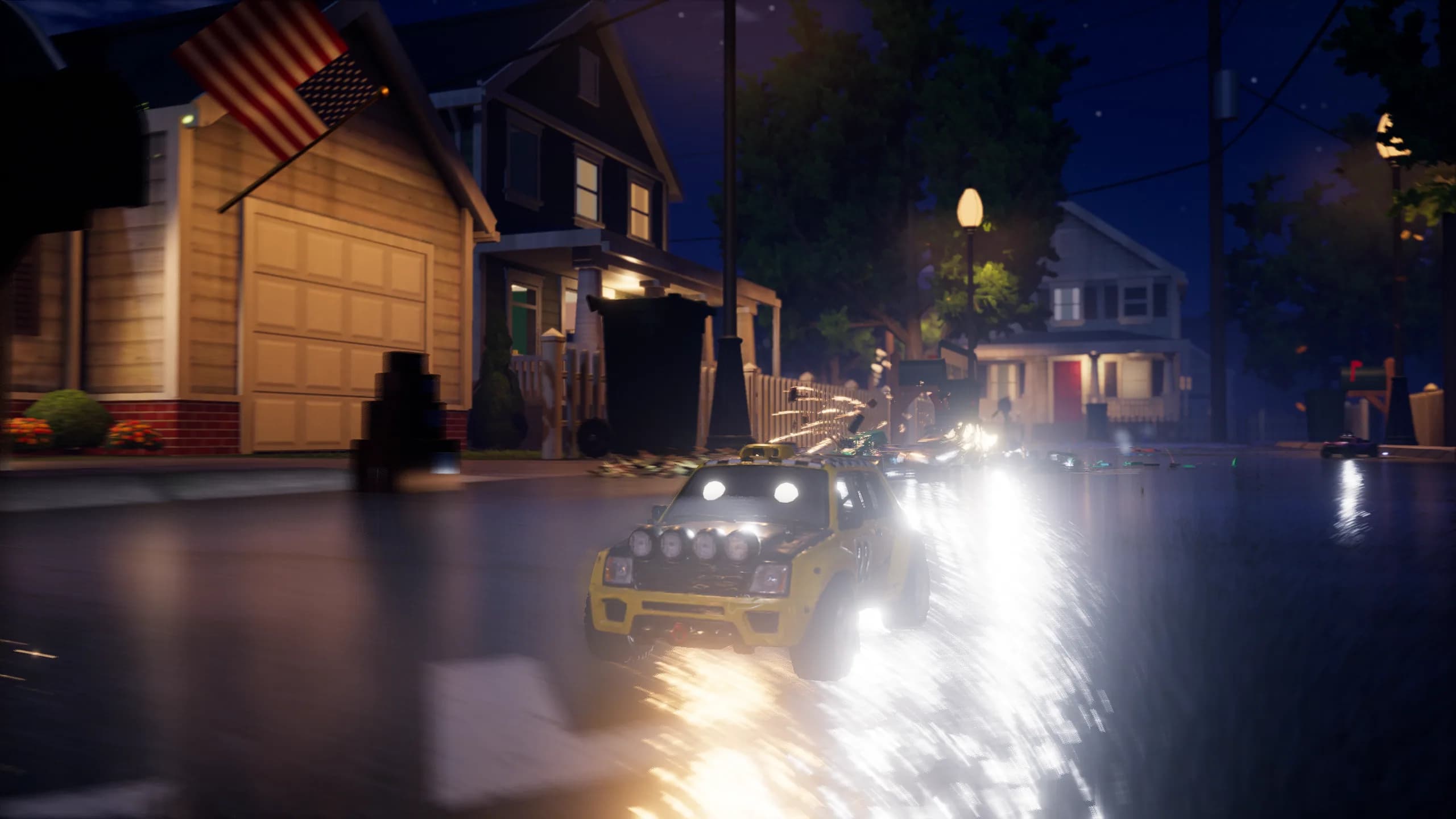 Voltane: an RC 4×4 leading the pack at night, on a rain-soaked Maplewood street